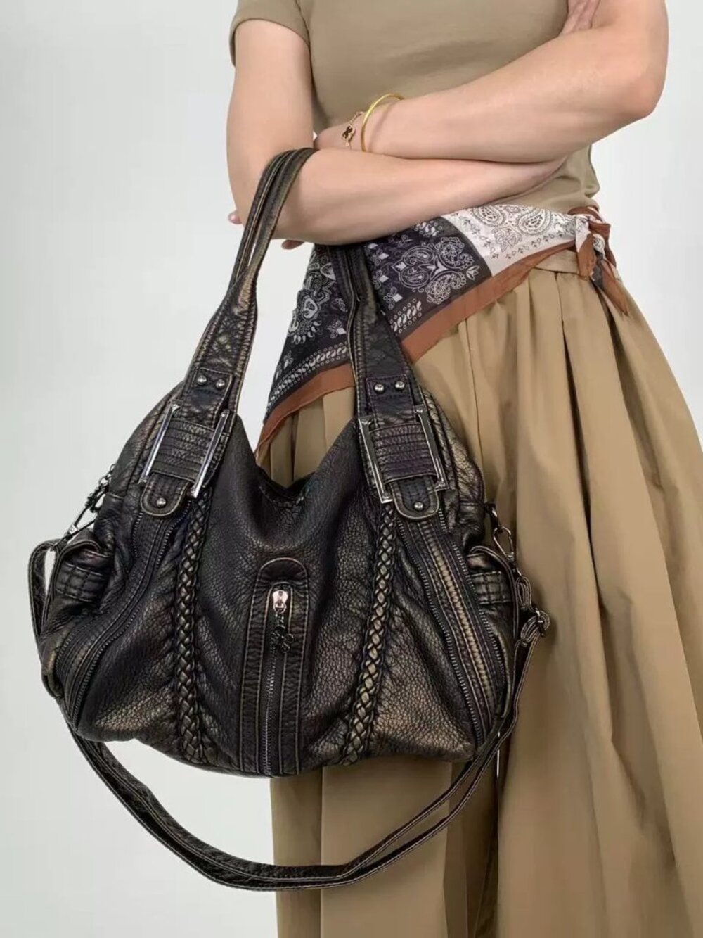 Vintage Distressed Leather Y2K Hobo Bag | Boho Braided Utility Sling Shoulder Pu